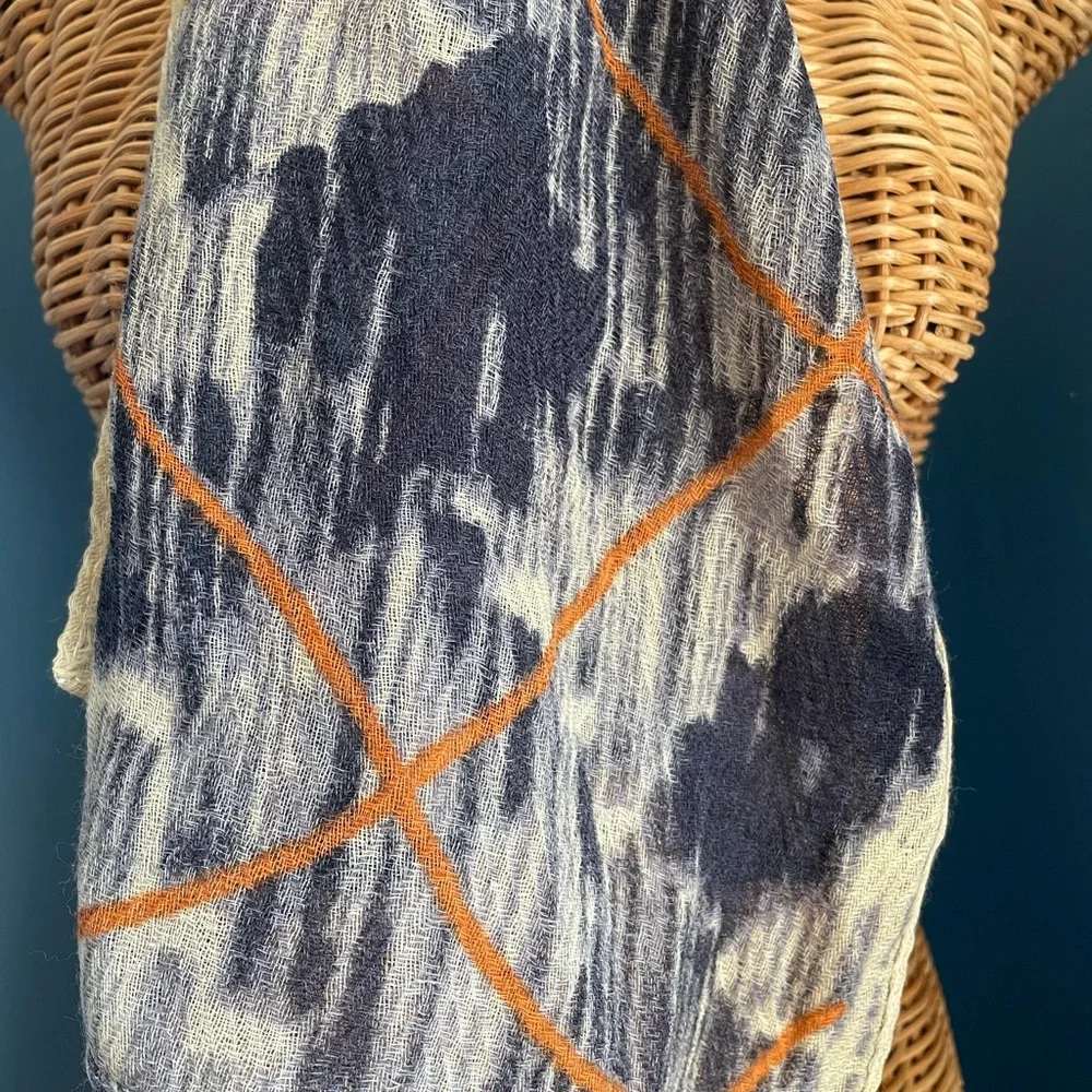Anna Kaszer Paris NWT Lightweight Wool Scarf Navy Blue Orange Cream 20 x 64